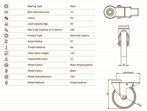 This image lists the characteristics of the braked castors. The Bearing Type is Plain. The Bolt Hole Size is 10mm. The colour is black. The load capacity is 85kg for one and 255kg for a set of 4. The Product Type is a Bolt Hole Castor. The swivel radius is 97mm. The hole is not threaded. The overall castor height is 122mm. The tread width is 22mm. The Wheel Centre and Body is made from black polypropylene. The wheel diameter is 100mm. 