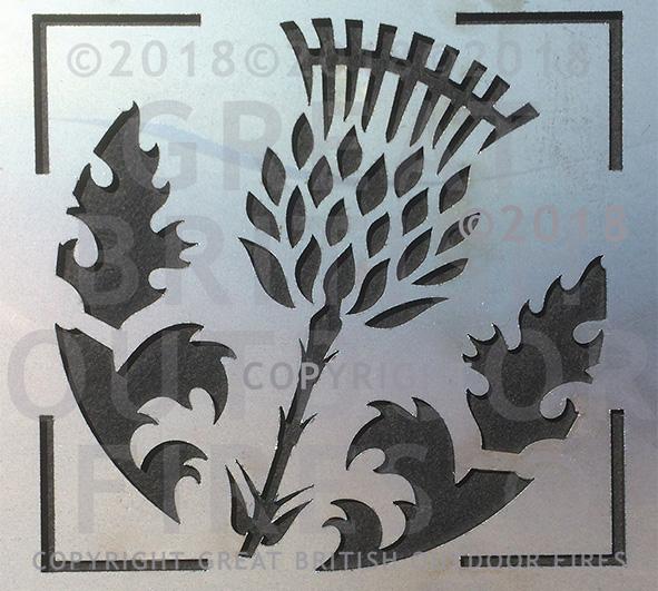 "This design has a square frame encompassing a circular design of a large thistle flower and two thistle leaves."