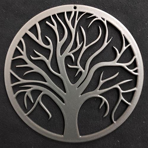 This is our beautiful, unique, small, delicate Tree Of Life hanging ornament. This is professionally finished in mild steel. It then has a zinc underlay and a pewter powder coated finish which makes it suitable for indoors or outdoors. The tree is laser cut from 2mm thick steel. It has a small hanging hole and will come with fishing wire attached to make it ready to use. It's perfect for the garden or indoors and looks very nice hanging up year round in any setting.