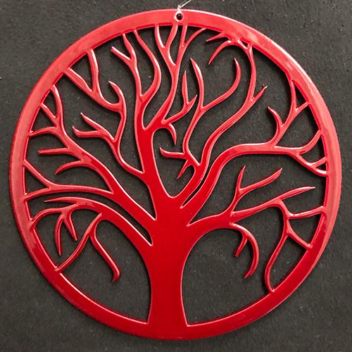 This is our beautiful, unique, small, delicate Tree Of Life hanging ornament. This is professionally finished in mild steel. It then has a zinc underlay and a red powder coated finish which makes it suitable for indoors or outdoors. The tree is laser cut from 2mm thick steel. It has a small hanging hole and will come with fishing wire attached to make it ready to use. It's perfect for the garden or indoors and looks very nice hanging up year round in any setting.