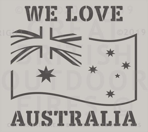 "This design depicts an Australian flag billowing in the wind, with 'WE LOVE' above it and 'AUSTRALIA' below it."